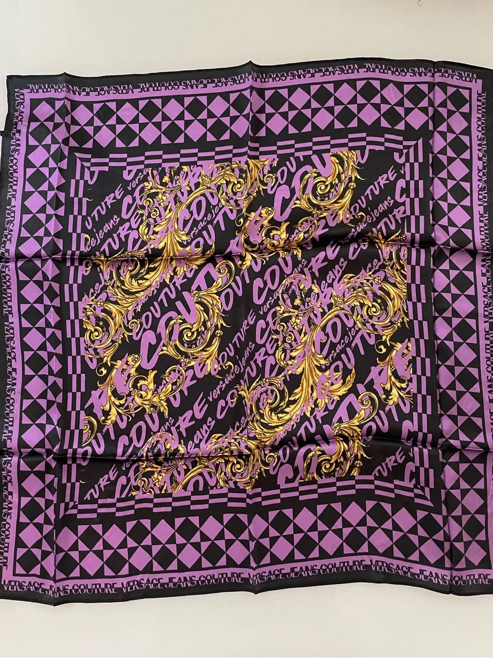 Versace Jeans Couture 100% Silk Square Scarf Purple Black Gold NWT
